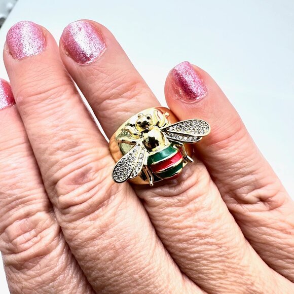 Womens Bee Ring Clear Crystals Red Green Black Enamel Gold Plated Adjustable - Picture 5 of 6